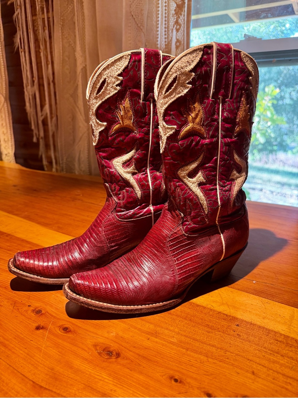 Frye Red Leather Western Boots with Tan & Cream Accents - Picture 3 of 6